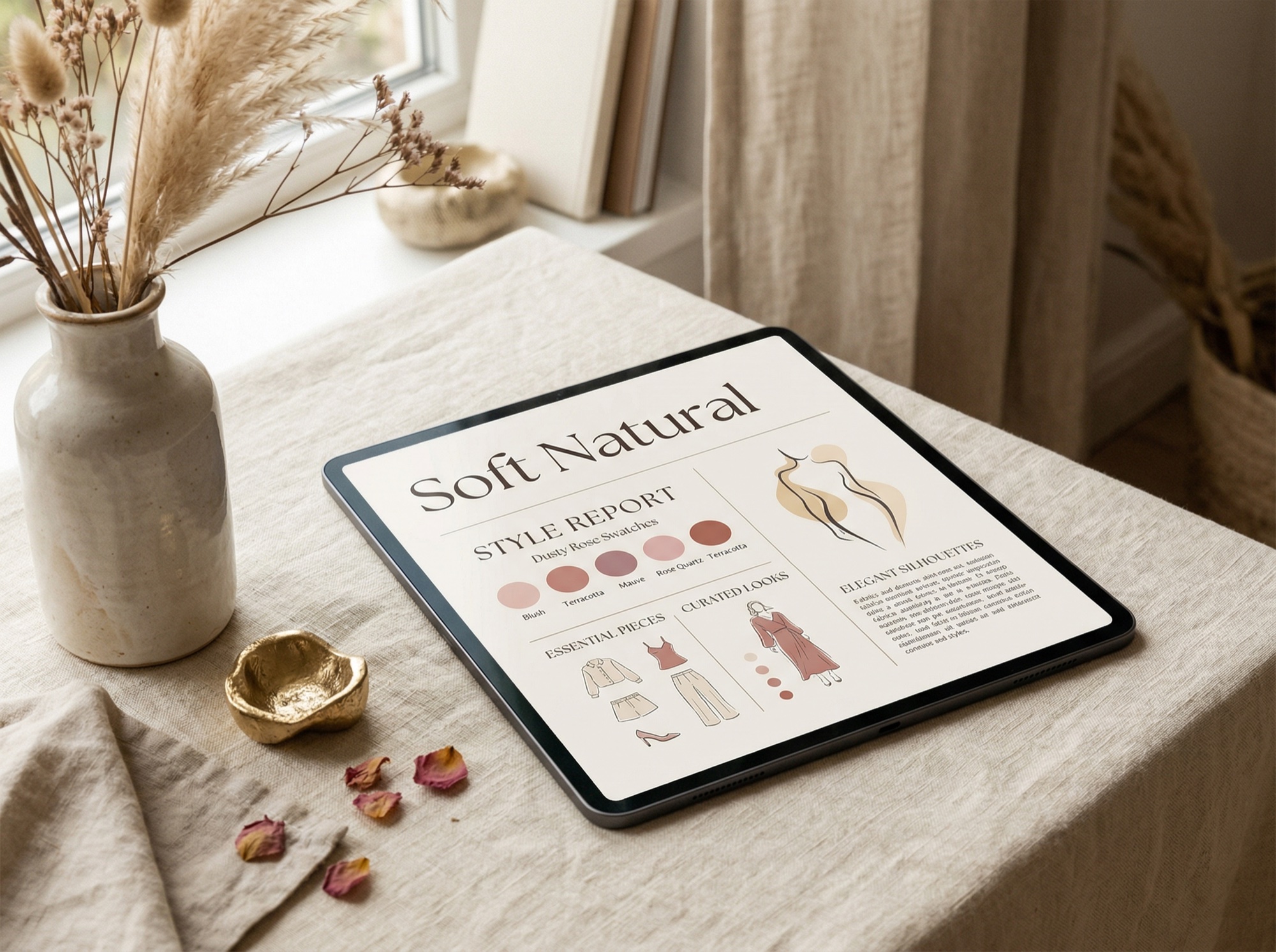 Tablet displaying a Soft Natural style report on a linen surface
