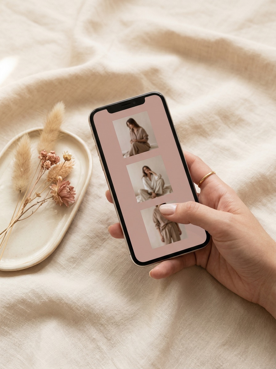 Hand holding a phone showing three body photos