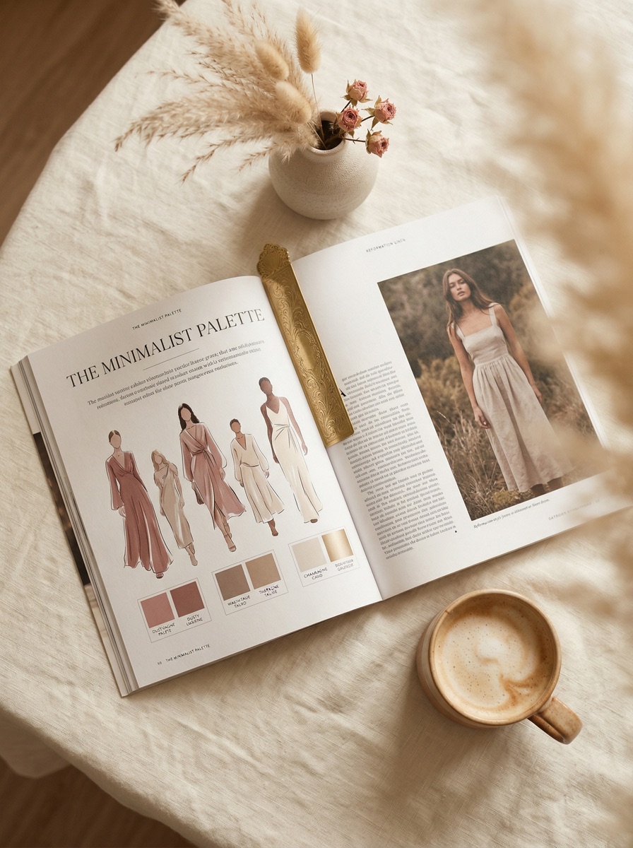 Open style magazine with color palette and illustrations